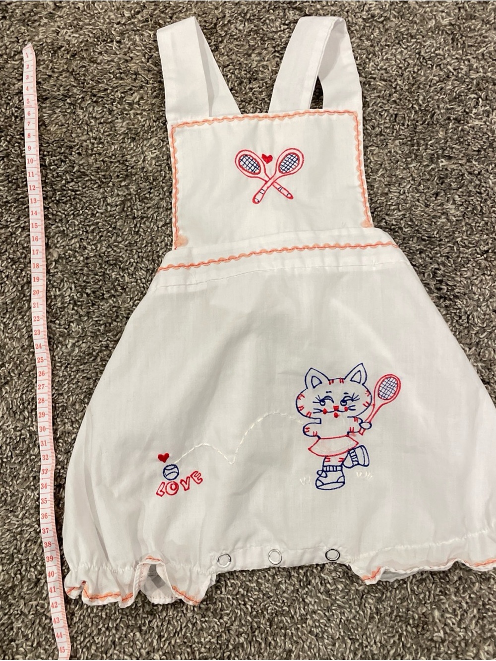 White Embroidered Cat Tennis Ruffled Overalls for Baby - VINTAGE